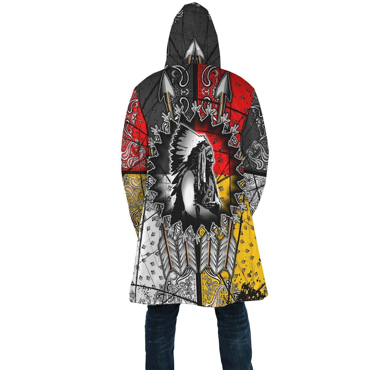 Back of hooded cloak, black red and yellow tribal graphic with central feather design