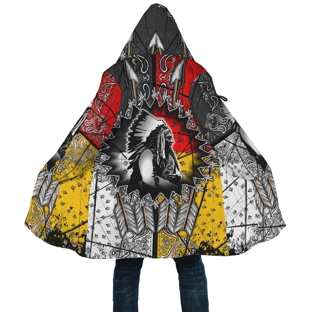 Flared hooded cloak, black red yellow arrow and feather print, full-length unisex