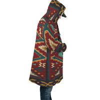 Hooded cloak, side view, multicolor geometric Southwest-style pattern