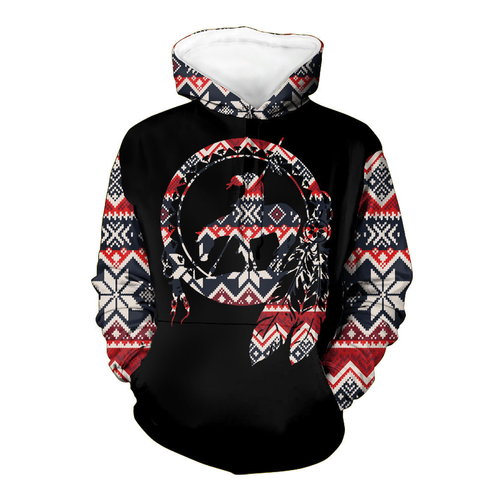 Pullover hoodie in black with 3D skull dreamcatcher graphic, Native American style