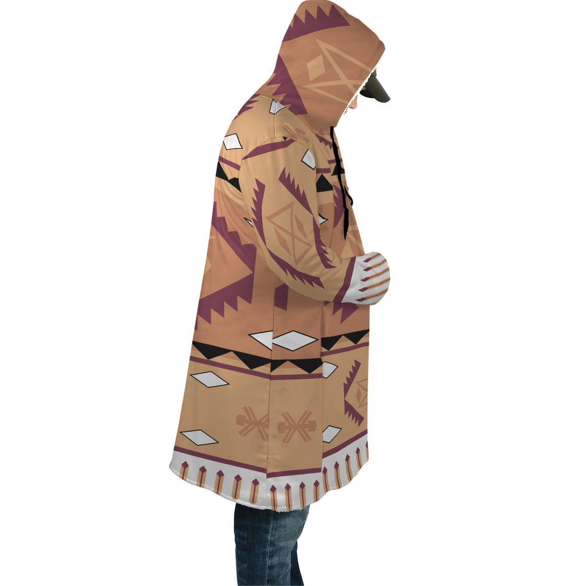 Tan hooded cloak with purple tribal motifs, asymmetrical side view