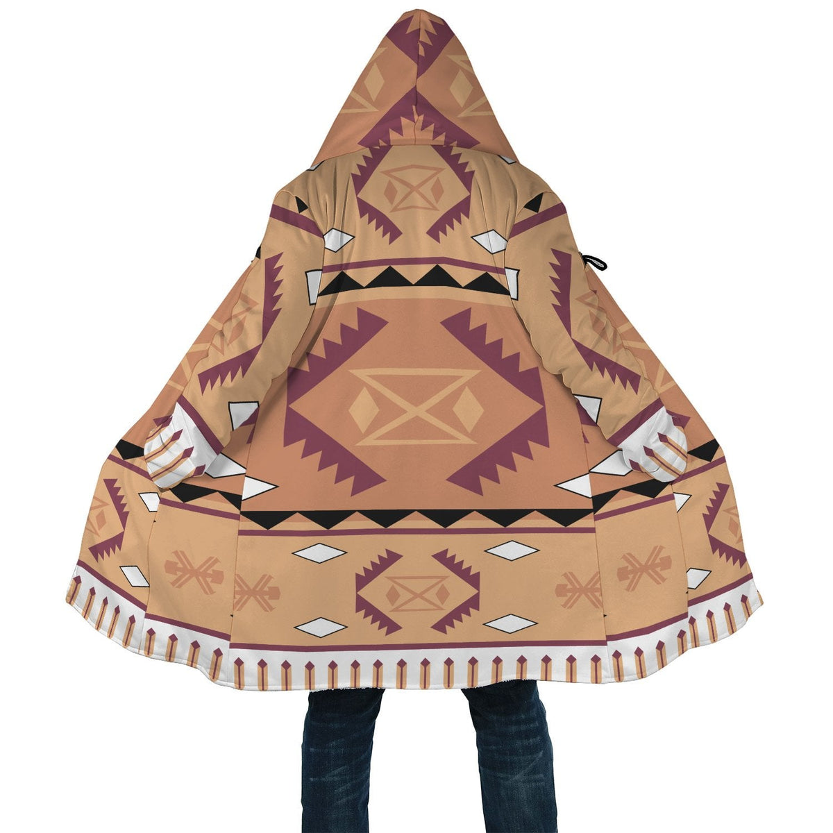 Hooded cloak hem with patterned fringe and bands, tan with purple geometric designs