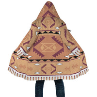 Hooded cloak hem with patterned fringe and bands, tan with purple geometric designs