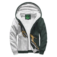 Two-tone sherpa hoodie in dark green and white, full-zip, hood lining, crest patch