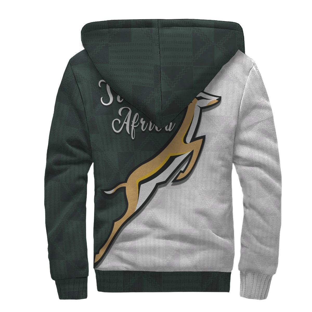 Back view sherpa hoodie in dark green and white with large Africa graphic and ribbed hem