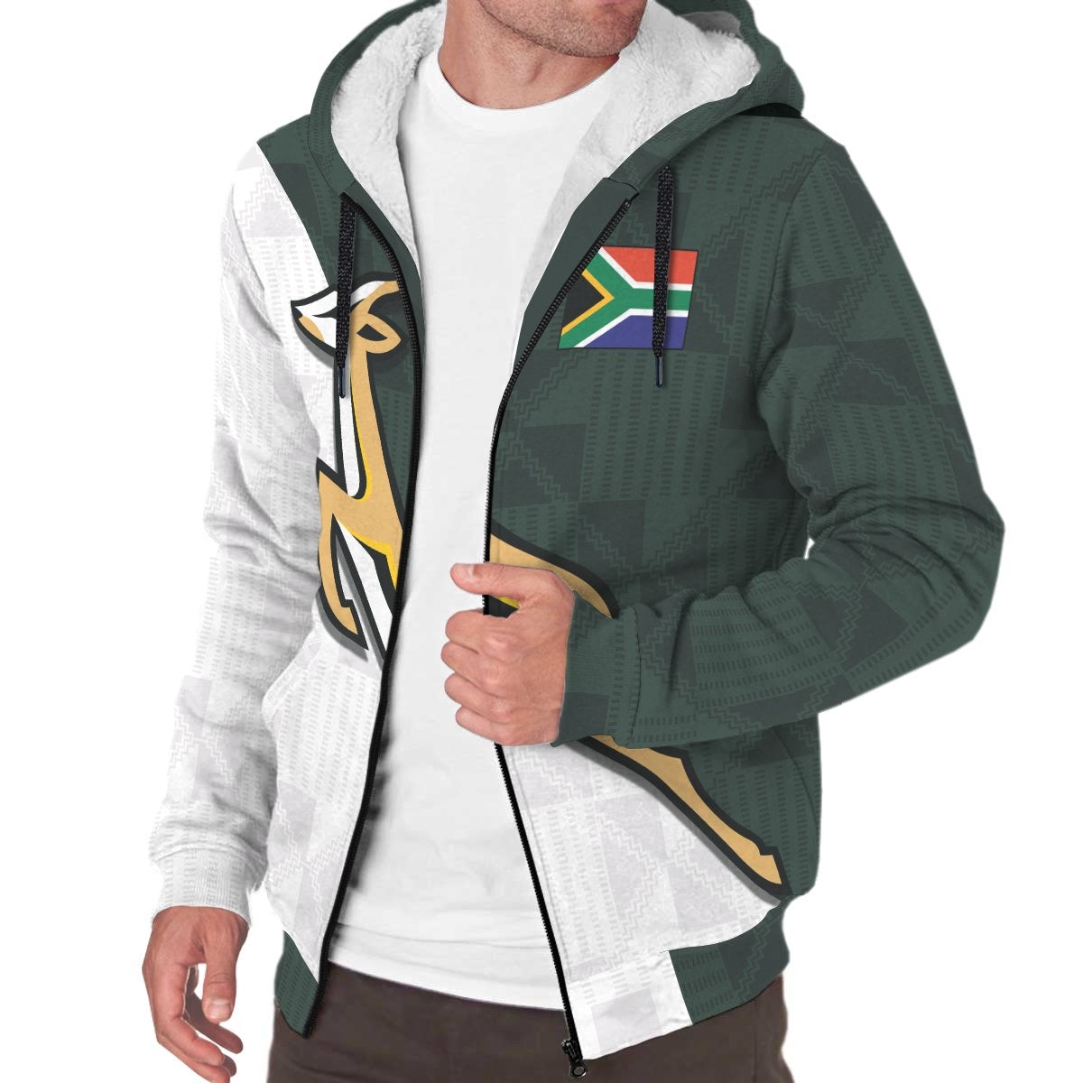 Unisex sherpa zip hoodie with dark green sleeves and white front panels, drawstring hood