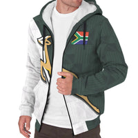 Unisex sherpa zip hoodie with dark green sleeves and white front panels, drawstring hood