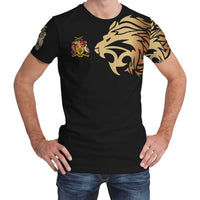 Black T-shirt with gold lion head graphic and small colorful crest on left chest