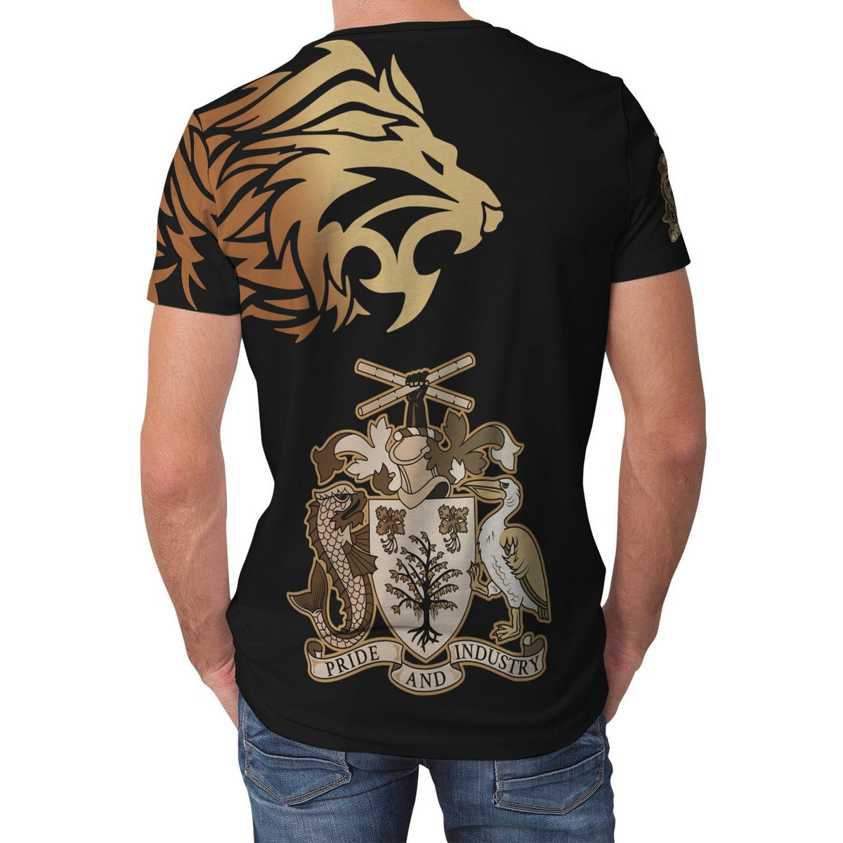 Back of black T-shirt with large gold lion head, coat of arms, and crossed swords