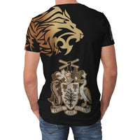 Back of black T-shirt with large gold lion head, coat of arms, and crossed swords