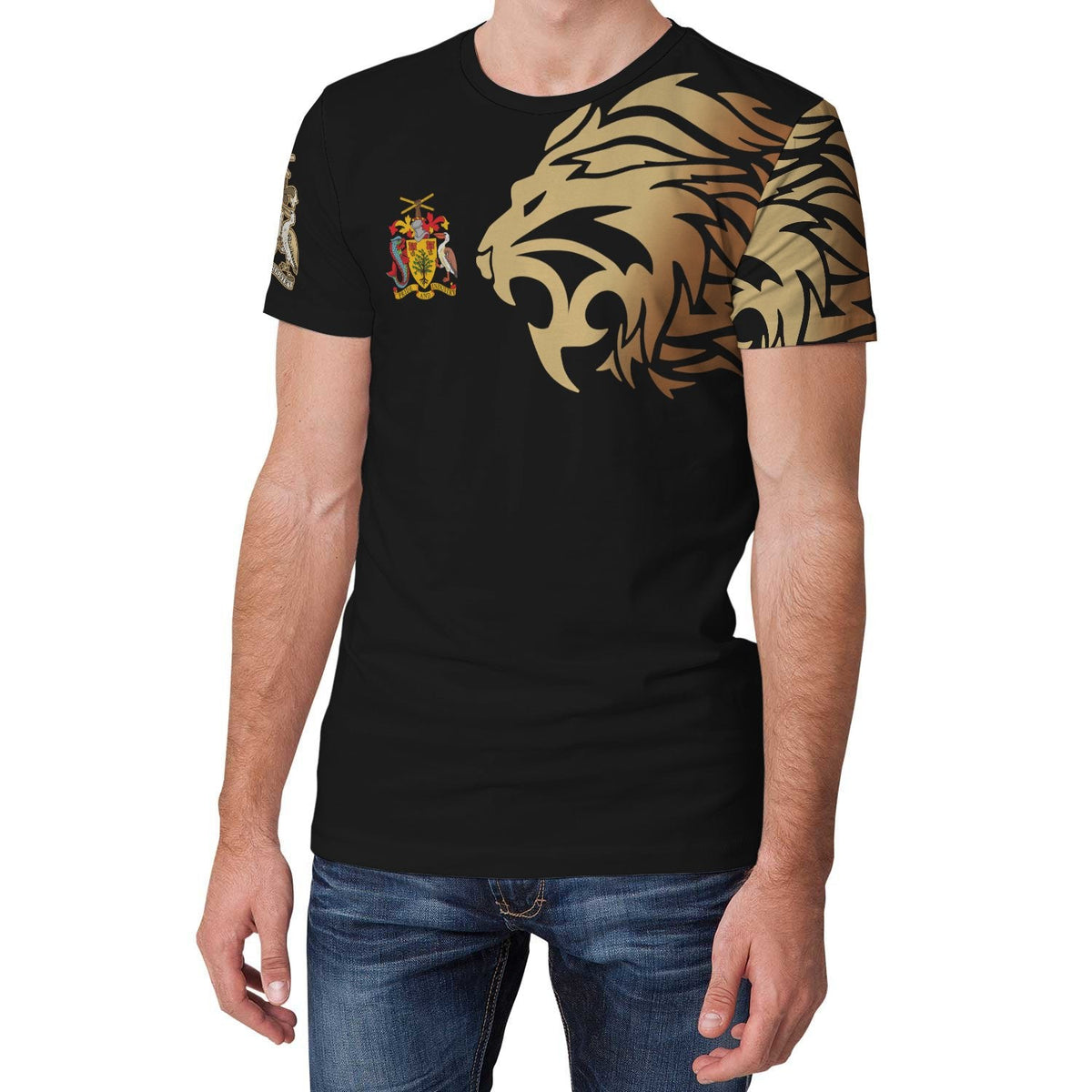 Black T-shirt front with gold lion head over right shoulder and small colorful crest