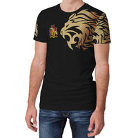Black T-shirt front with gold lion head over right shoulder and small colorful crest