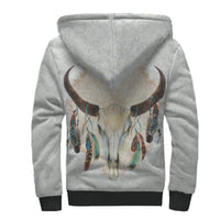 White sherpa hoodie front with large bison head print, full-zip hood, dark cuffs