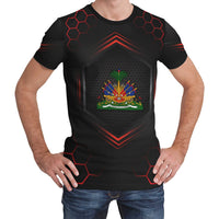 Black sport t-shirt with Haiti crest, red hex pattern, multicolor center graphic