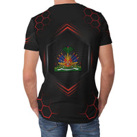 Black sport t-shirt back view with red hex pattern and multicolor Haiti crest graphic