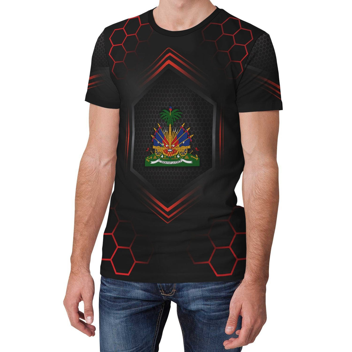 Black crew-neck sport t-shirt with red hex accents and multicolor Haiti crest emblem