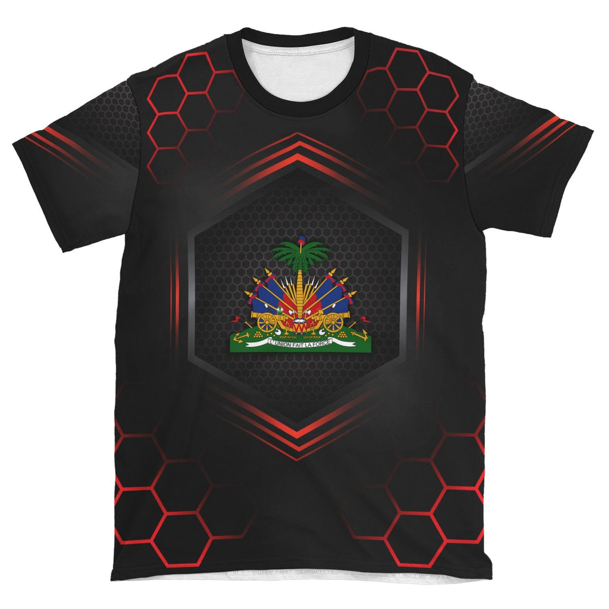 Black sport t-shirt front design with red hex graphics and multicolor Haiti crest center