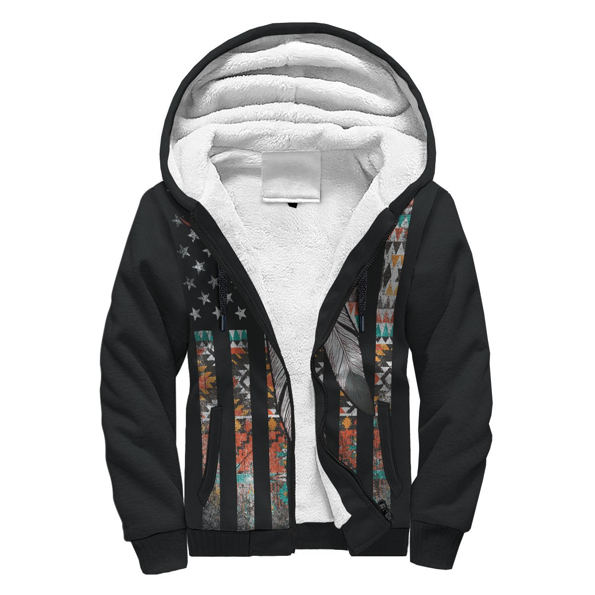 Black sherpa-lined zip hoodie with multicolor feather American flag graphic, front view