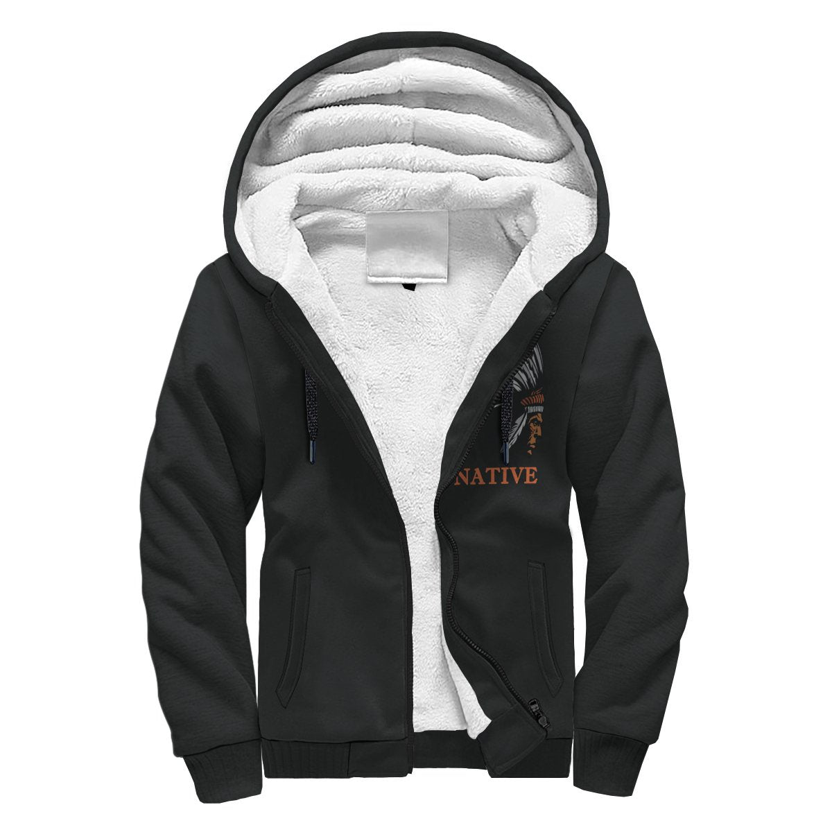 Black unisex sherpa-lined zip hoodie with Native chief graphic on chest
