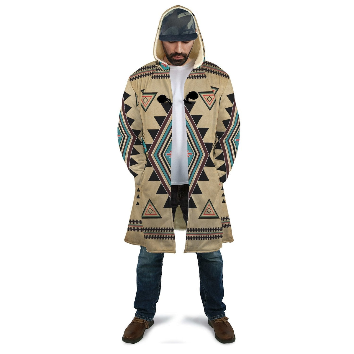 Unisex hooded cloak, tan with colorful southwest geometric print