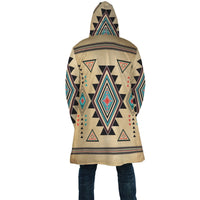Back view unisex hooded cloak, tan with colorful Southwest diamond and triangle print