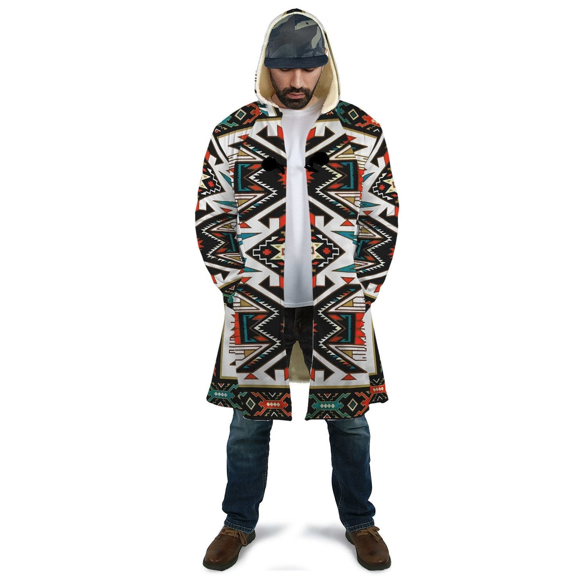 Colorful tribal-pattern hooded cloak with long sleeves, front tie placket, unisex