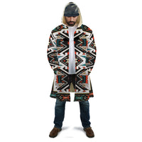 Colorful tribal-pattern hooded cloak with long sleeves, front tie placket, unisex