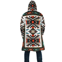 Colorful tribal-pattern hooded cloak, back view with centered diamond motif, unisex