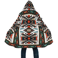 Colorful tribal-pattern hooded cloak, detailed geometric medallion on front, unisex