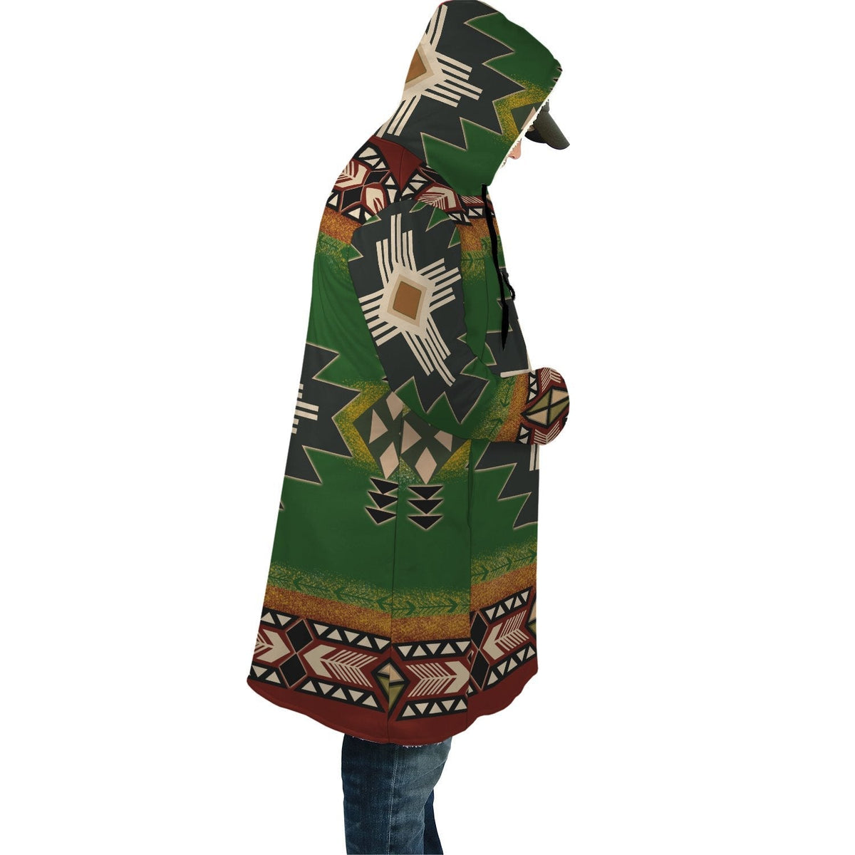 Hooded cloak side view, Southwest green and geometric native-style symbol pattern
