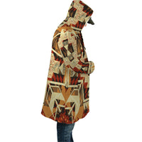 Side view of hooded cloak with bold geometric motif in beige, brown, red and black