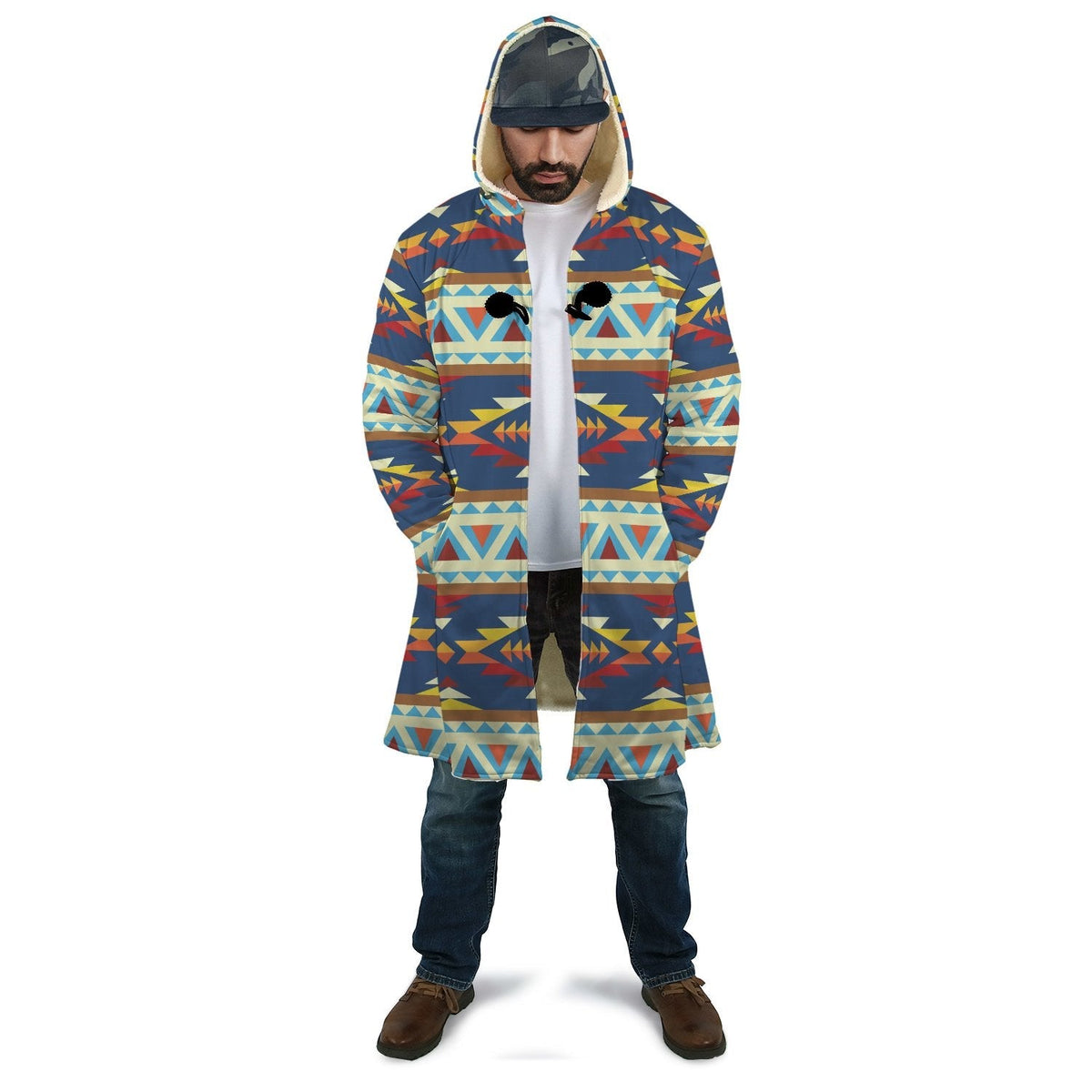 Multicolor tribal AOP hooded cloak with front zipper and patterned pockets
