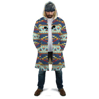 Multicolor tribal AOP hooded cloak with front zipper and patterned pockets