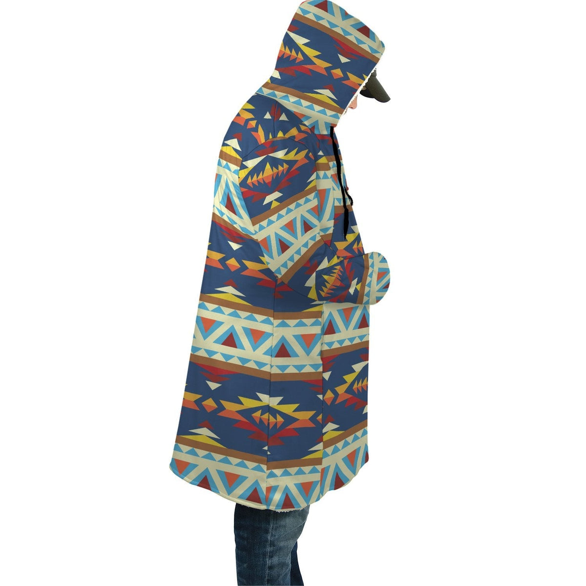 Multicolor tribal-print hooded cloak, side view with draped sleeves and pocket