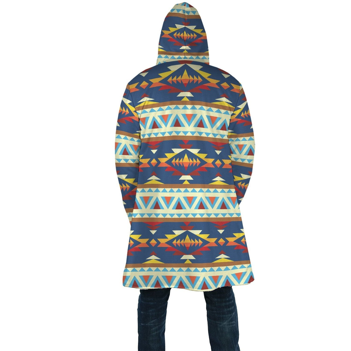 Back view of multicolor tribal-print hooded cloak with large central motif