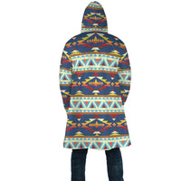 Back view of multicolor tribal-print hooded cloak with large central motif