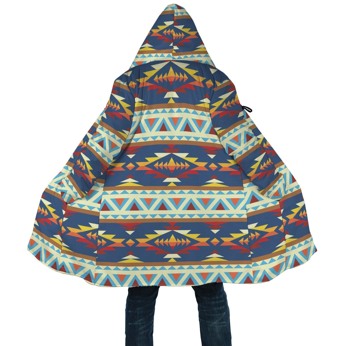Multicolor tribal-print hooded cloak showing wide hem and roomy draped fit