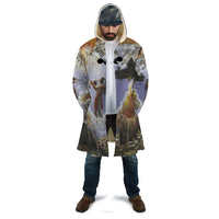 Unisex hooded art cloak, multicolor animal-and-cloud print