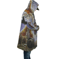 Unisex hooded cloak, multicolor landscape with animals and birds (side view)