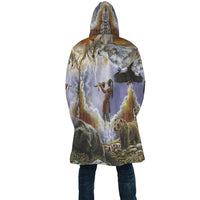 Unisex hooded cloak, back view of multicolor bear, birds, and totem artwork