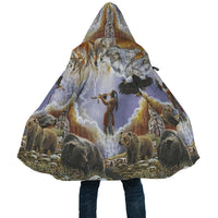 Unisex hooded cloak, multicolor bears and clouds print with eagle details