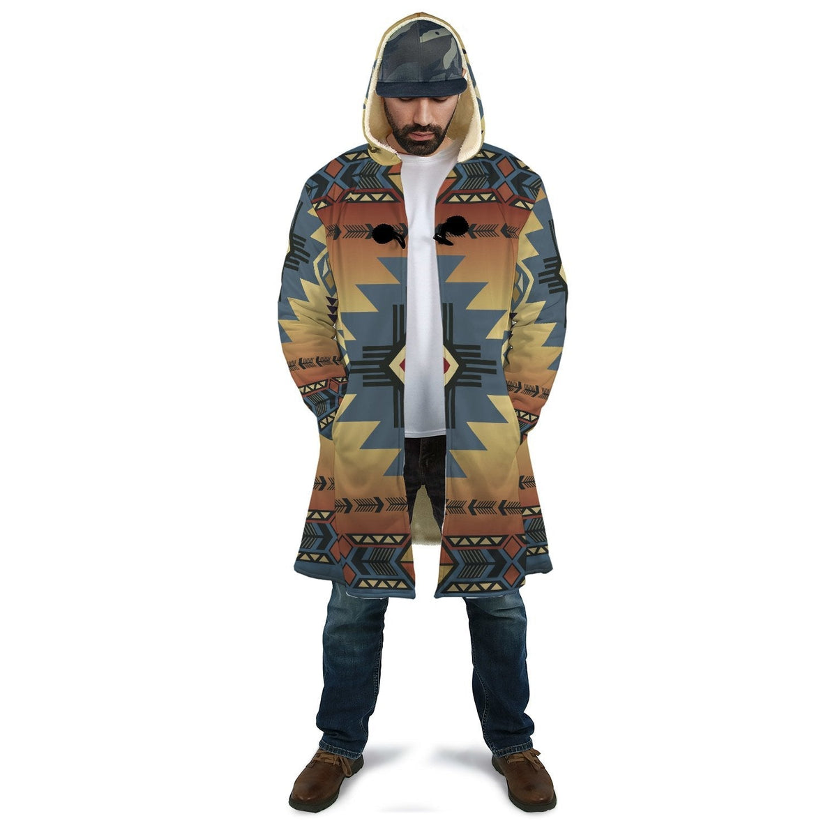 Multicolor Native American pattern cloak, unisex pullover with hood and open front