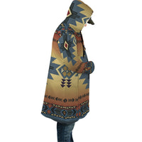 Multicolor patterned hooded cloak, unisex pullover side view over jeans