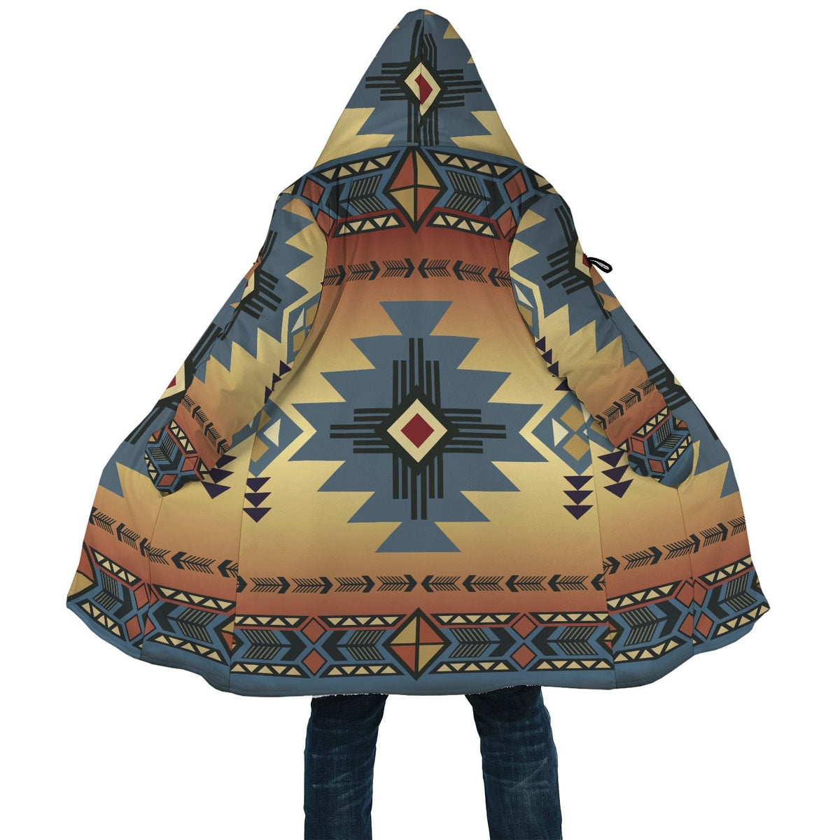 Close view: multicolor Native American pattern hooded cloak with patterned hem
