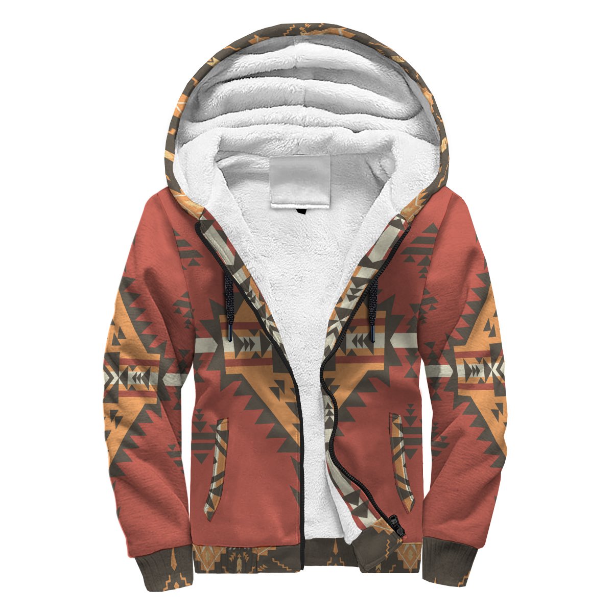 Red Native American 3D sherpa hoodie, full-zip front, patterned Aztec-style print