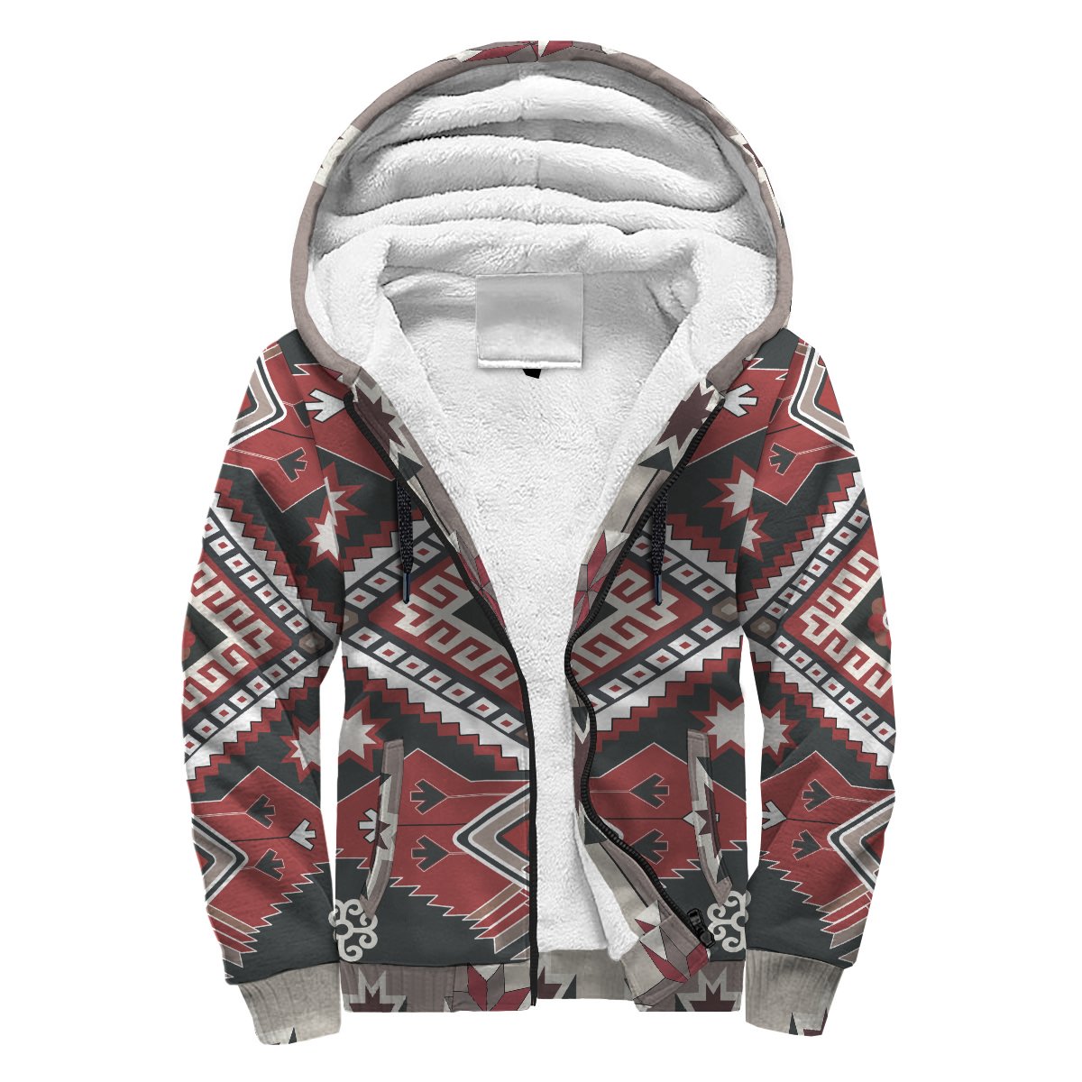 Sherpa hoodie with tribal red-brown geometric pattern, white lined hood, front zip