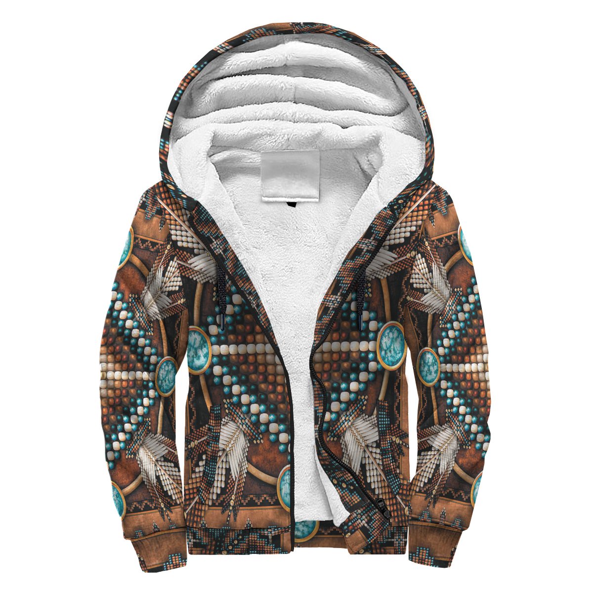 Brown sherpa hoodie with turquoise native-style pattern, front zip and sherpa-lined hood