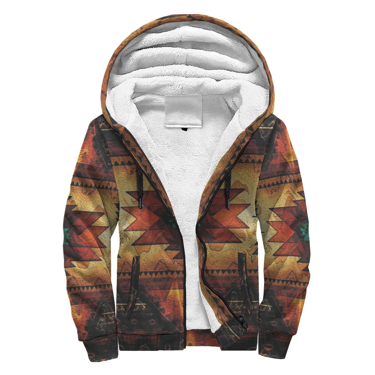 Multicolor native-pattern sherpa hoodie with dark zip and sherpa-lined hood