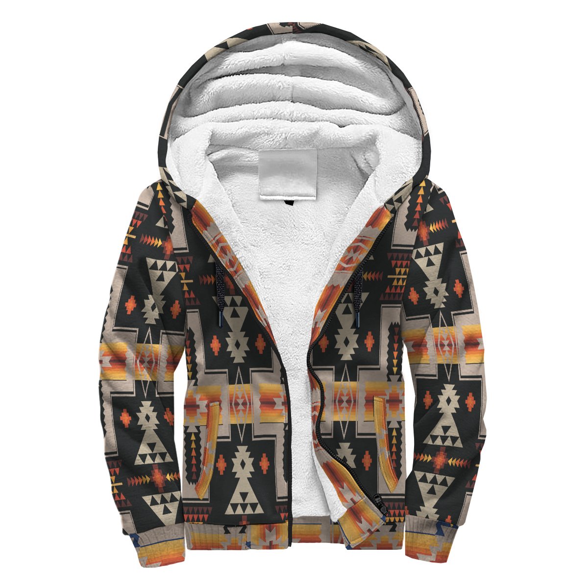 Black sherpa hoodie with multicolor tribal border print, hood and kangaroo pocket