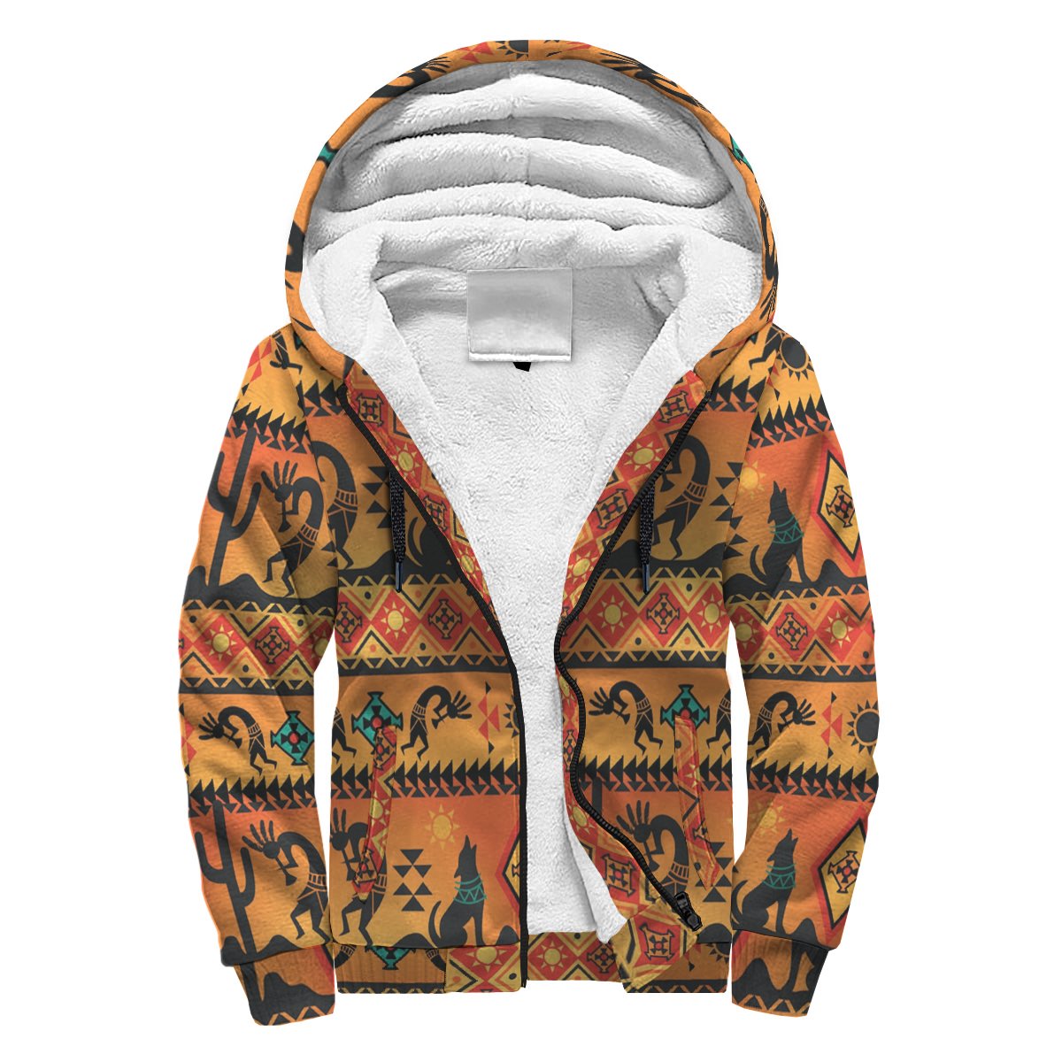 Multicolor sherpa hoodie with full-zip front and patterned hood lining, unisex